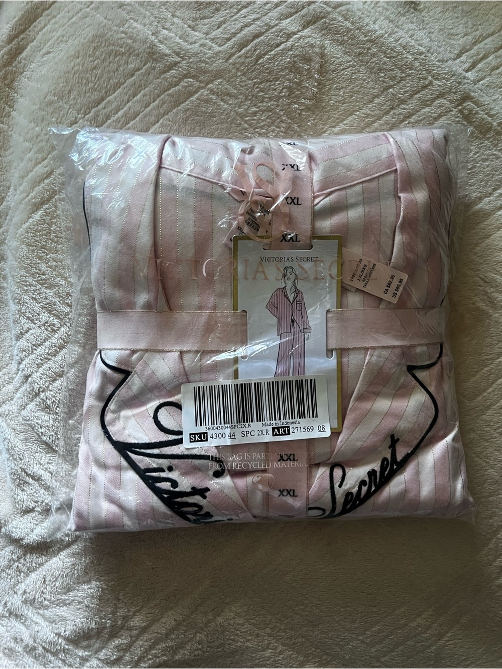 Victoria's Secret Pink and White Striped Satin Pajama Set with Black Script - Picture 2 of 5